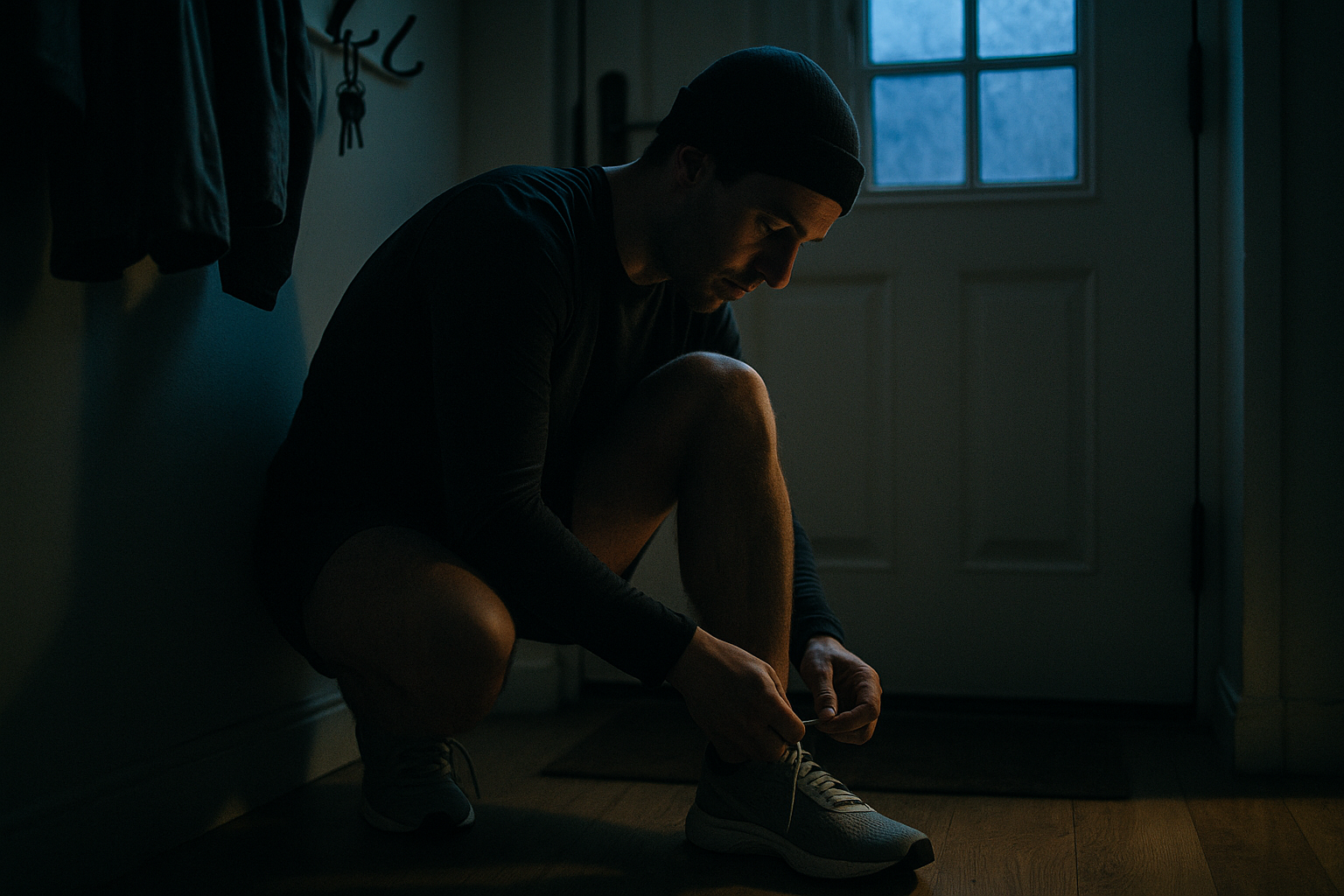 A person in running kit lacing up trainers by a front door in dim pre-dawn light