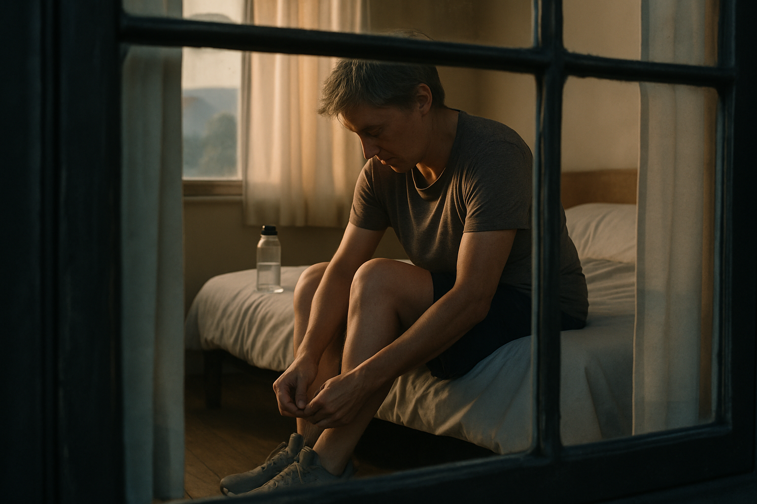A person lacing up trainers on the edge of a bed in early morning light, preparing to train.