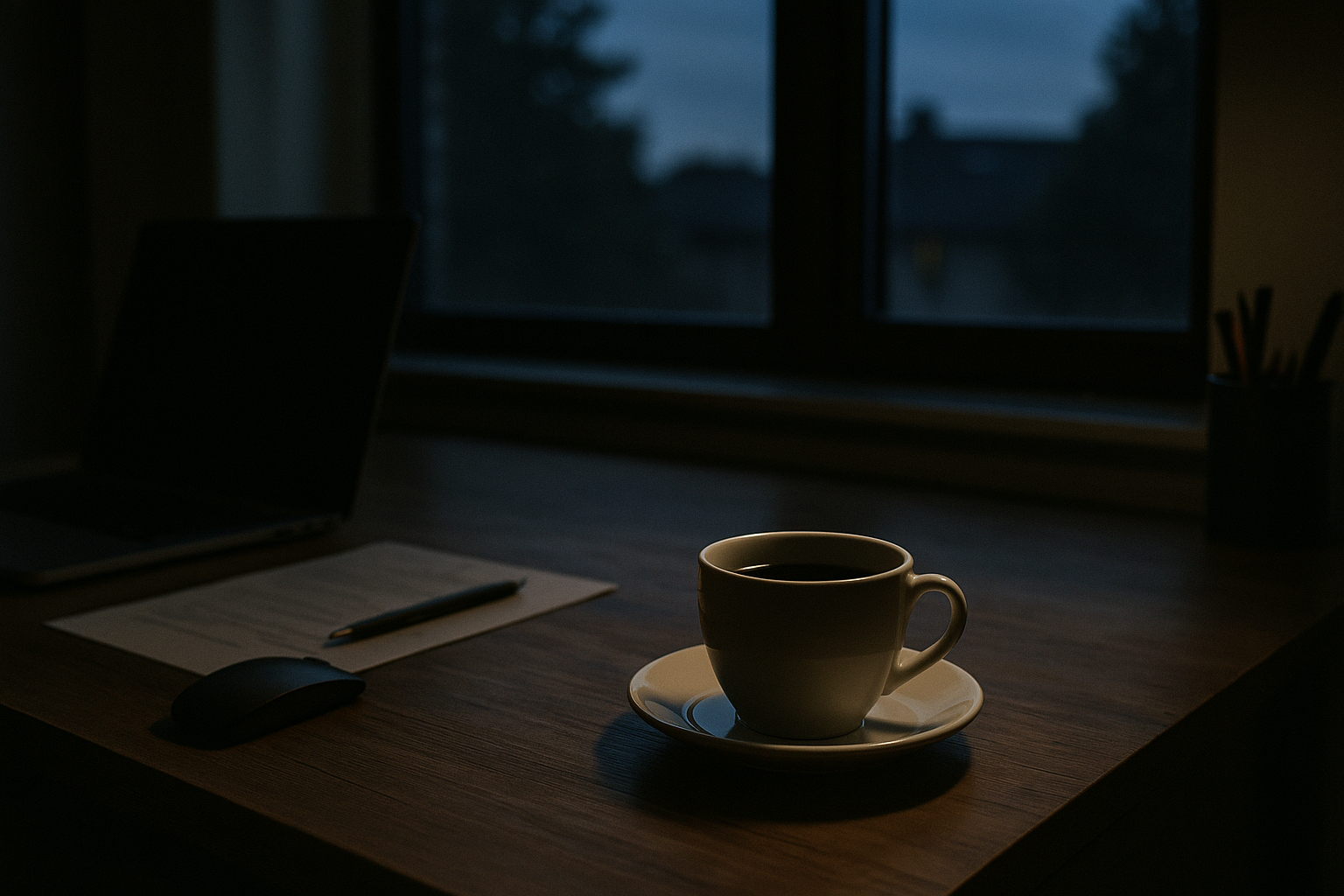 A cup of black coffee on a kitchen worktop in low evening light with a dark window behind it
